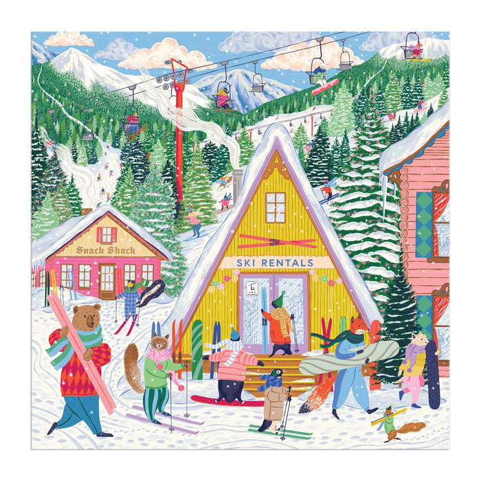 Enjoy assembling the Emily Taylor Ski Village 500 Piece Puzzle, featuring a vibrant snowy resort scene with animals skiing, snowboarding, and renting gear beside an A-frame rentals building, snack shack, trees, mountains, and a gondola ski lift.