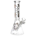 Clear glass beaker water pipe with black and white skull graphics and a clear glass bowl on a white background.