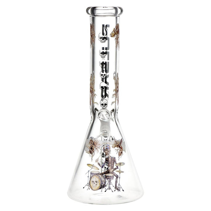 A clear glass water pipe with black gothic illustrations of a skeleton drummer, skulls, and insects, shown on a solid white background.