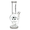 Glass smoking device with soccer ball design on a white background