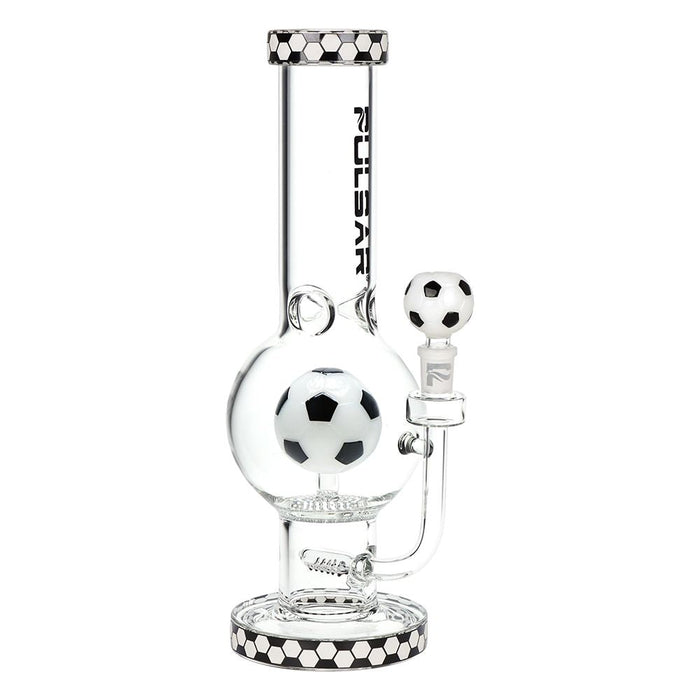 Glass smoking device with soccer ball design on a white background