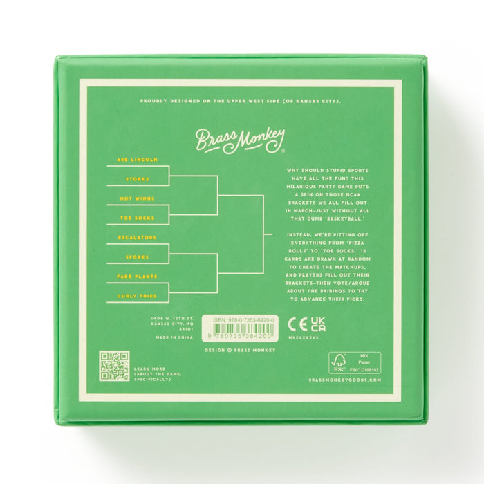 The Spork Versus Stork Social Game by Brass Monkey features a humorous bracket chart on the green box back, with playful text and quirky items like Abe Lincoln, socks, and fake plants. The Brass Monkey logo and product details are also visible.