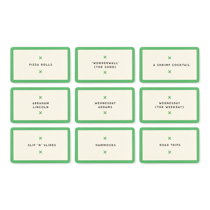 Spork Versus Stork Social Game by Brass Monkey includes nine green-bordered cards, each with unique words and phrases like pizza rolls, Wonderwall, hammocks, and road trips—great for friends wanting a fun game night twist.