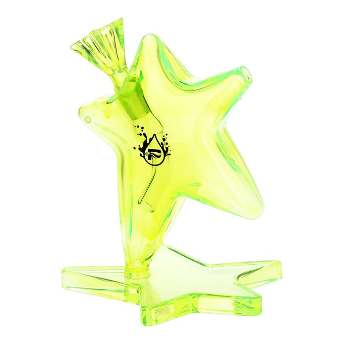 Neon green star-shaped bong with a black logo on a white background