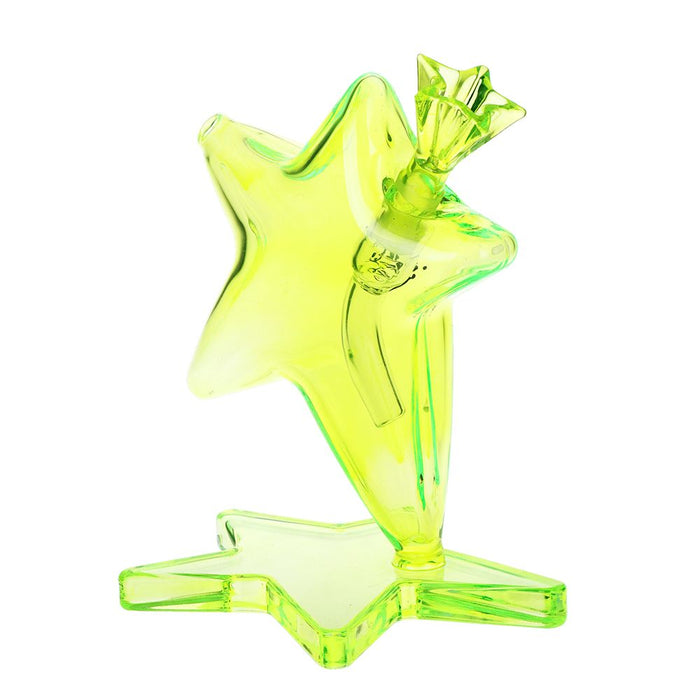 Green star-shaped glass water pipe on a white background