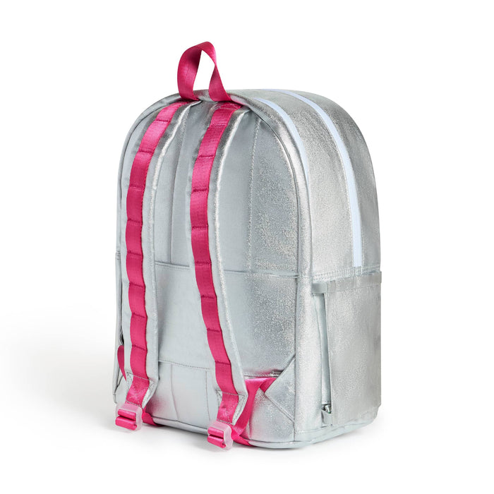 A metallic silver backpack with bright pink straps and zipper pulls, shown from a back three-quarters angle on a white background.