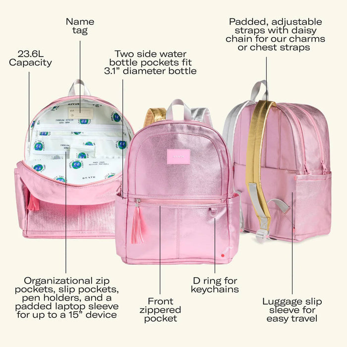 Metallic pink backpack with features labeled on a white background.