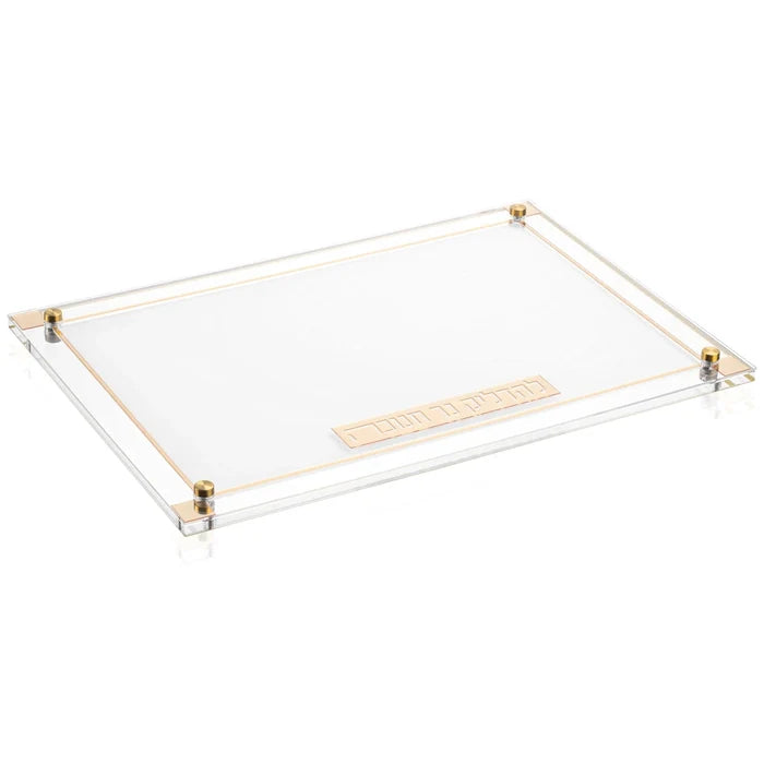 The Classic 2.0 Menorah Tray in thick Lucite with its die-cut mirrored border, part of the Suspended Chanukah Set