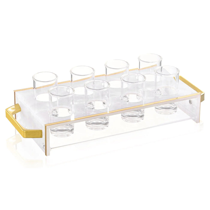 Suspended Pearlstone Liquor Set with clear glass cups and golden handles, modern pearl marble design for Shabbat and holiday entertaining.