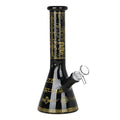 Black glass smoking bong with gold designs on a white background