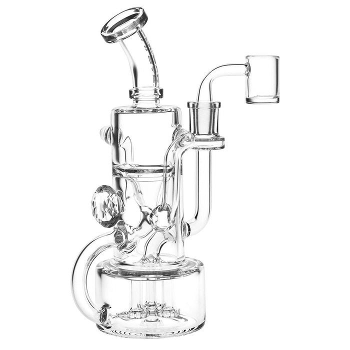 Clear Triple Perc glass dab rig water pipe on a white background