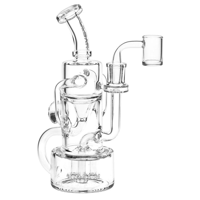 Clear glass water pipe with multiple perc and banger on a white background