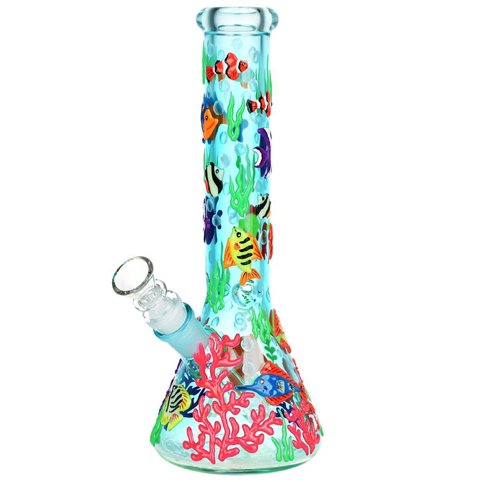 Glass Bong water pipe with underwater scene design on a white background