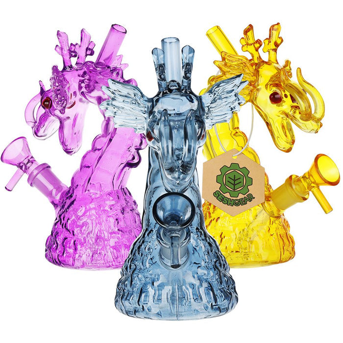Three Colorful Dragon-Style Glass Bongs with a brand tag on a white background