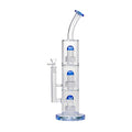 Clear glass Triple Perc water pipe with blue accents on a white background