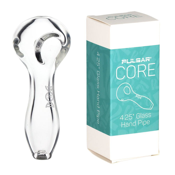 Clear glass hand pipe with Pulsar branding next to its packaging on a white background