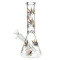A beaker-style glass bong with multicolored hemp leaf decals and glow-in-the-dark accents.