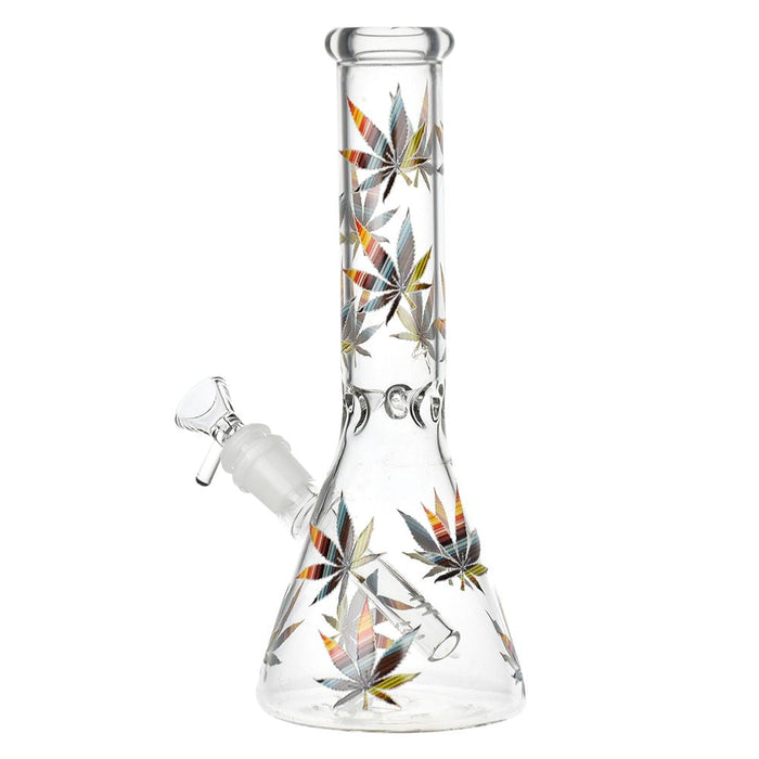 A beaker-style glass bong with multicolored hemp leaf decals and glow-in-the-dark accents.