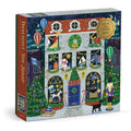 The Twilight Toy Shop 500 Piece Foil Puzzle by Bex Parkin features a festive toy shop scene with wreaths, lights, hot air balloons, a black cat, and a toy soldier outside.