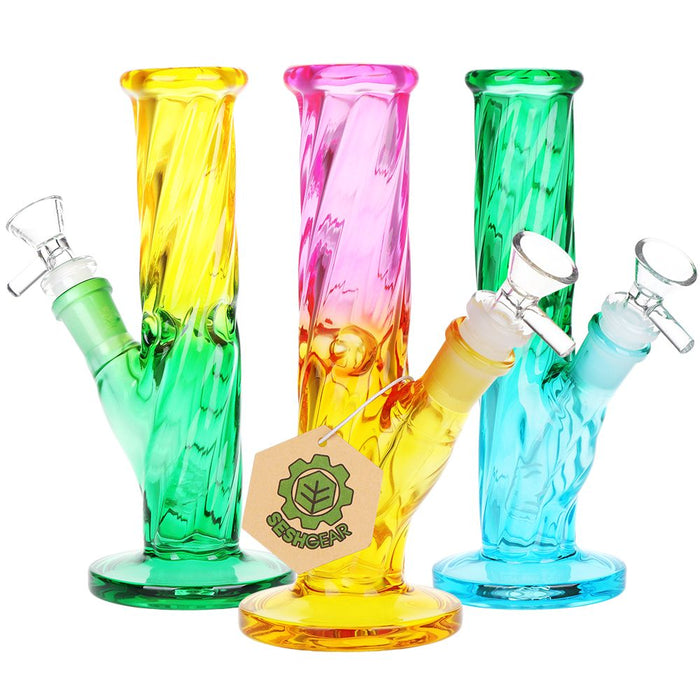 Three colorful glass bongs smoking devices with a brand tag on a white background