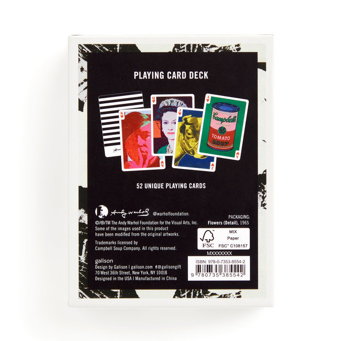 The Warhol Pop Art Playing Card Deck by the Andy Warhol Foundation For The Visual Arts features four vibrant cards with iconic Warhol art, including portraits and a Campbell’s Soup can. Back details 52 unique premium-quality cards, credits, and manufacturing info.