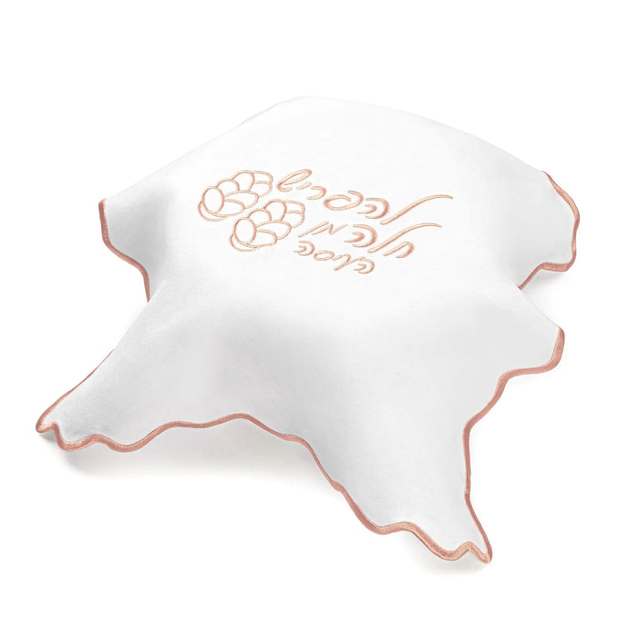 White leather Wavy Hafrashas Challah Cover with gold embroidered design and scalloped edges, perfect for Shabbat table.