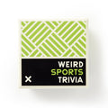 A square box from Brass Monkey featuring a geometric green and white top. The black bottom displays WEIRD SPORTS TRIVIA in white and green—ideal for fans of obscure sports facts—with a small white X in the corner.