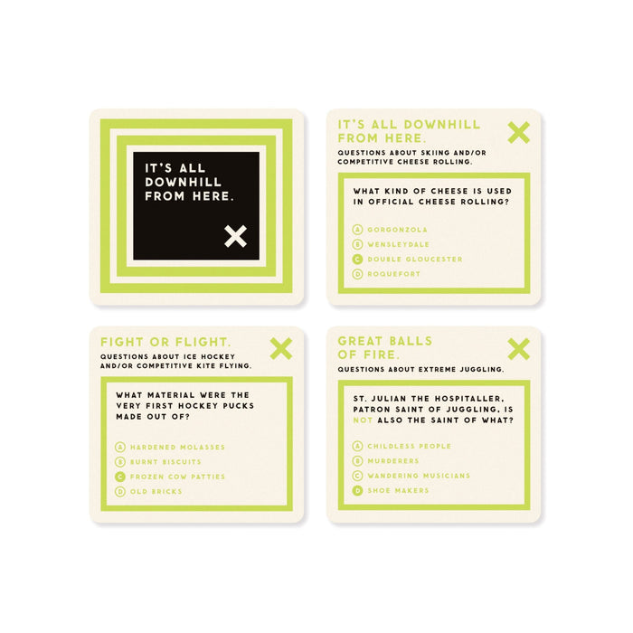 Weird Sports Trivia by Brass Monkey includes four cards with green and black borders. One says “IT’S ALL DOWNHILL FROM HERE.” The rest test your knowledge with quirky cheese and hockey questions, all multiple-choice.