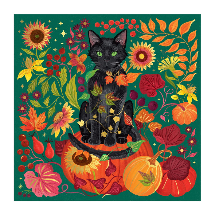 The Dawn Cooper "Whiskers of Autumn" 500 Piece Foil Puzzle features a black cat with green eyes on an orange pumpkin, surrounded by autumn leaves, sunflowers, berries, pumpkins, and stars on a vibrant green background.