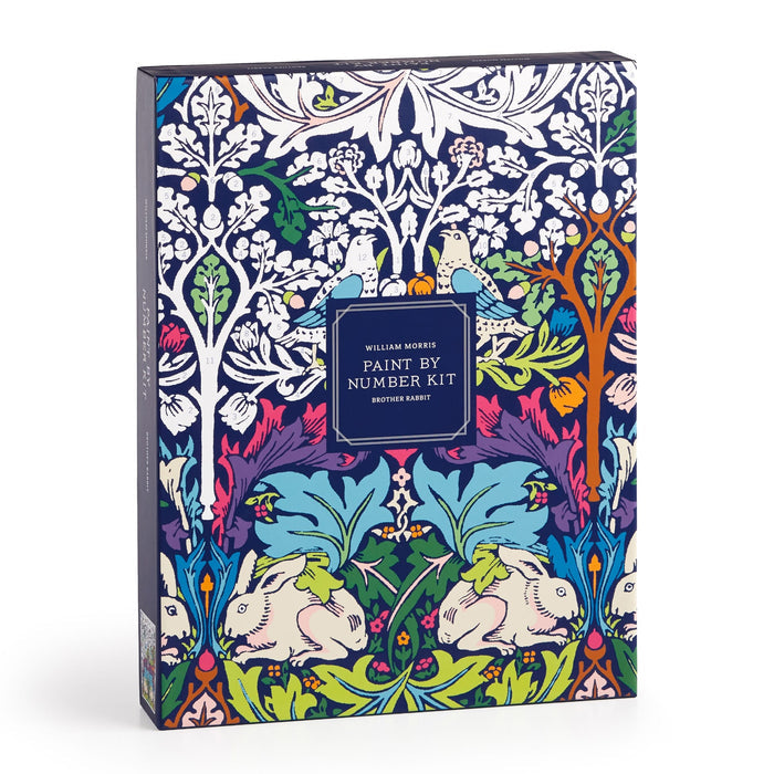 A vibrant William Morris Brother Rabbit 9 x 12" Paint by Number Kit box features intricate floral designs and two white rabbits, inspired by “Brother Rabbit,” with a central label displaying the product and brand name.