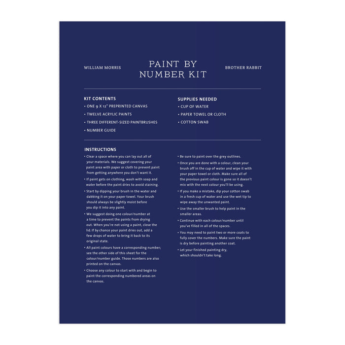 A navy blue instructional sheet titled William Morris Brother Rabbit 9 x 12" Paint by Number Kit, featuring centered white text listing kit contents, supplies needed, and step-by-step instructions. Brand: William Morris.