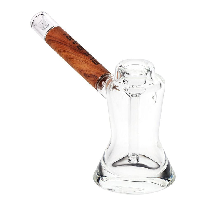 Clear glass smoking bubbler with a wooden handle on a white background