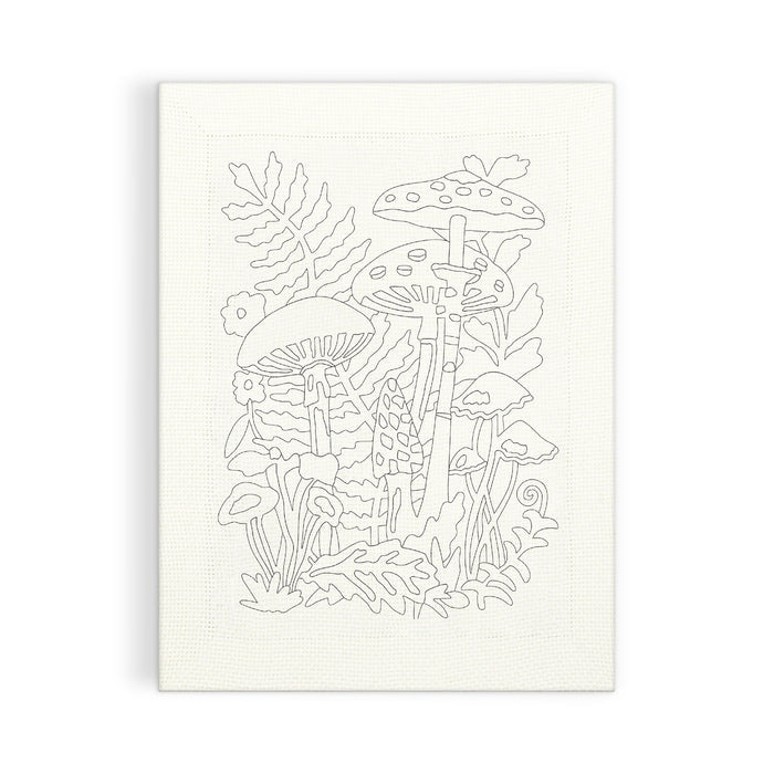 Line drawing of mushrooms, plants, leaves, and grass from the Woodland Mushrooms Punch Needle Kit by Anja Riebensahm on a blank canvas—uncolored and perfect for painting or coloring.