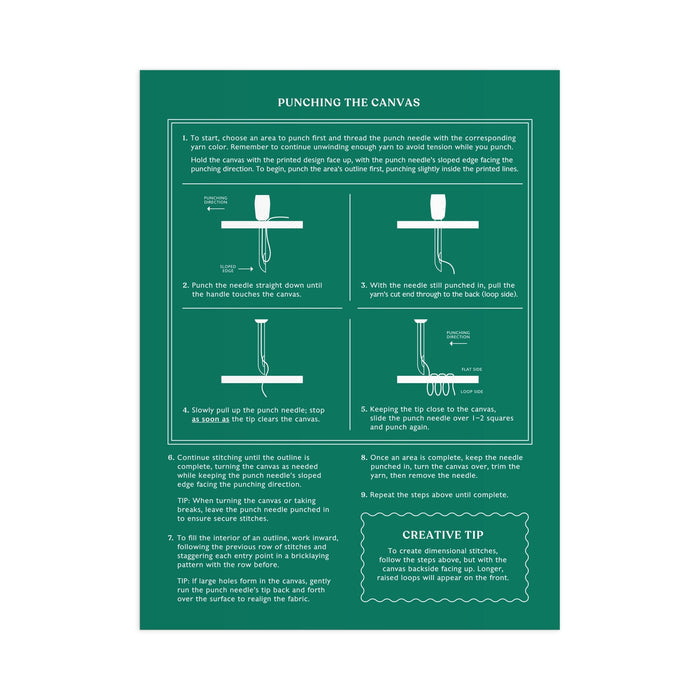 The Woodland Mushrooms Punch Needle Kit by Anja Riebensahm includes an instructional infographic with step-by-step diagrams and clear directions for using the punch needle tool, from threading to outlining, plus a creative tip at the bottom.