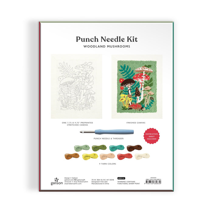 Back of the Anja Riebensahm Woodland Mushrooms Punch Needle Kit box shows the outline canvas (left), finished design (right), punch needle tool, and nine yarn colors displayed below.