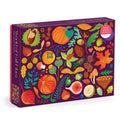 The World of Fall Flora 1000 Piece Puzzle by Dawn Cooper displays colorful autumn leaves, fruits, nuts, pumpkins, mushrooms, and acorns against a deep purple background.