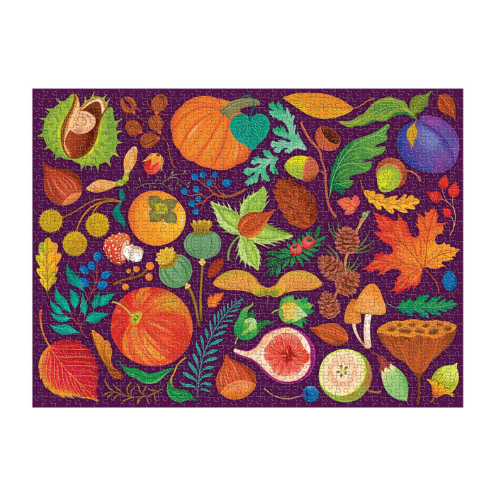 The World of Fall Flora 1000 Piece Puzzle by Dawn Cooper features a vibrant autumn scene with pumpkins, mushrooms, leaves, figs, berries, nuts, acorns, and chestnuts on a rich purple background.