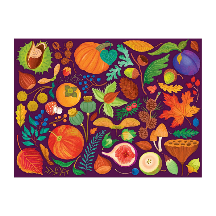 The Dawn Cooper World of Fall Flora 1000 Piece Puzzle features a vibrant illustration of pumpkins, leaves, mushrooms, nuts, berries, pinecones, and fruits arranged on a dark purple background.