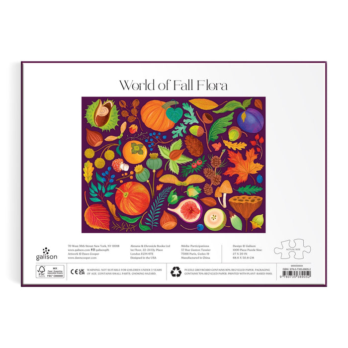 The World of Fall Flora 1000 Piece Puzzle by Dawn Cooper features vibrant autumn plants, fruits, leaves, mushrooms, and acorns on a deep purple background with a white border.