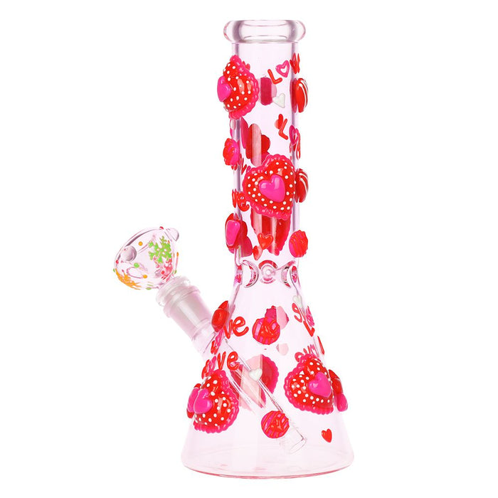 Glass Bong smoking device with red and pink heart designs on a white background