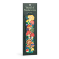 The World of Mushrooms Paper Bookmark by Olga Akbarova displays vibrant fungi and blue flowers on dark green packaging.