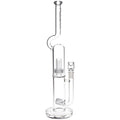 Clear glass water pipe with a curved neck, central chamber, side arm, and base on a plain white background.