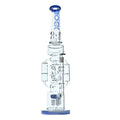 Clear glass multi percolation system water pipe with blue accents on a white background