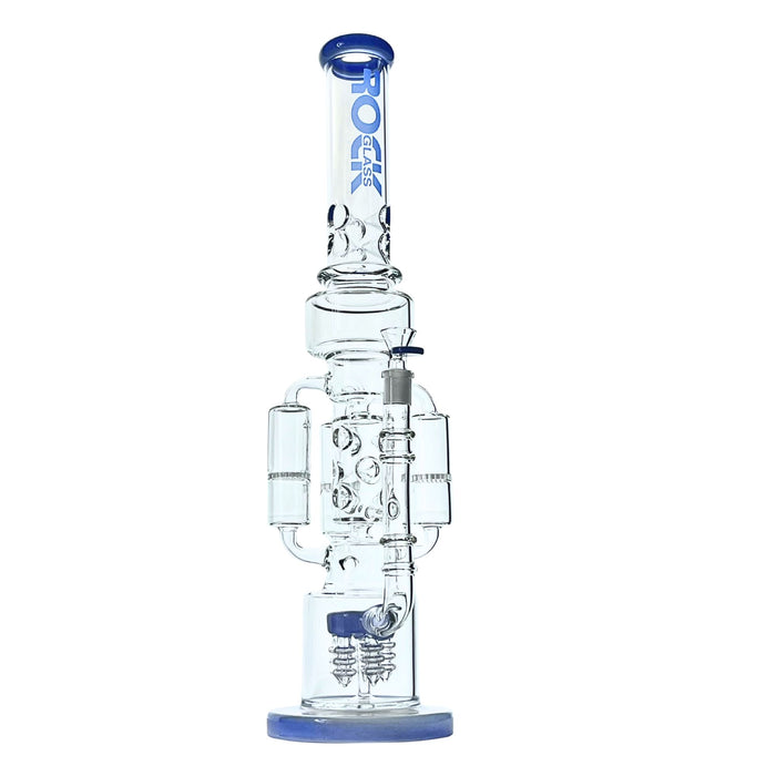Clear glass multi percolation system water pipe with blue accents on a white background
