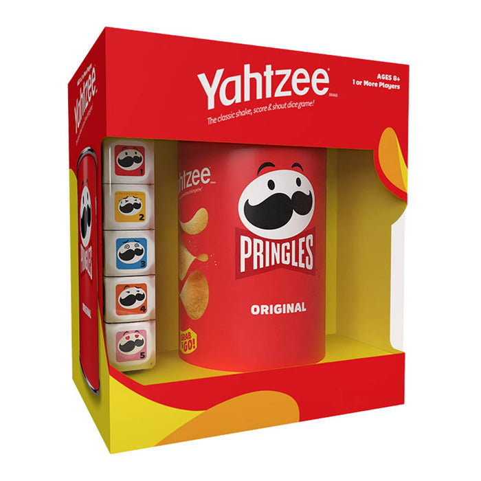 Pringles Yahtzee game set in its retail packaging, featuring a red and yellow box with a red Pringles can and five dice inside.